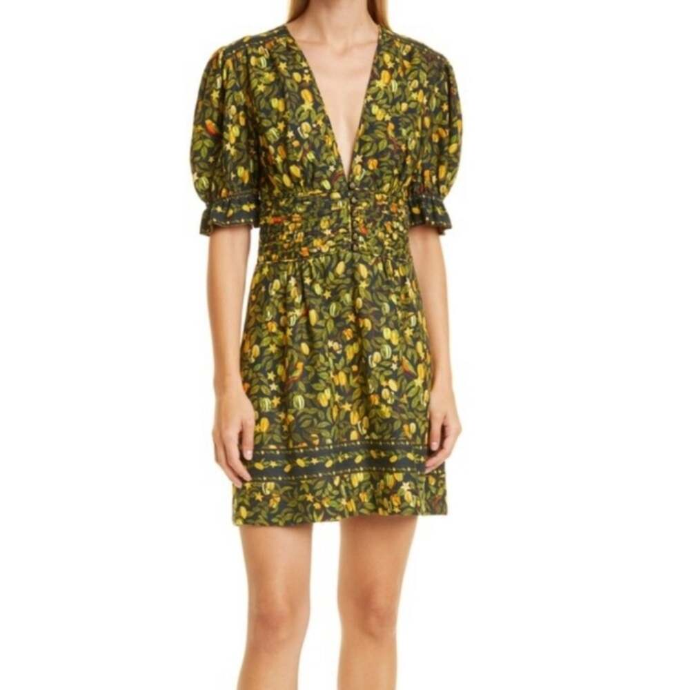 Farm Rio Star Fruit Linen Blend Yellow Black Mini Dress size XS